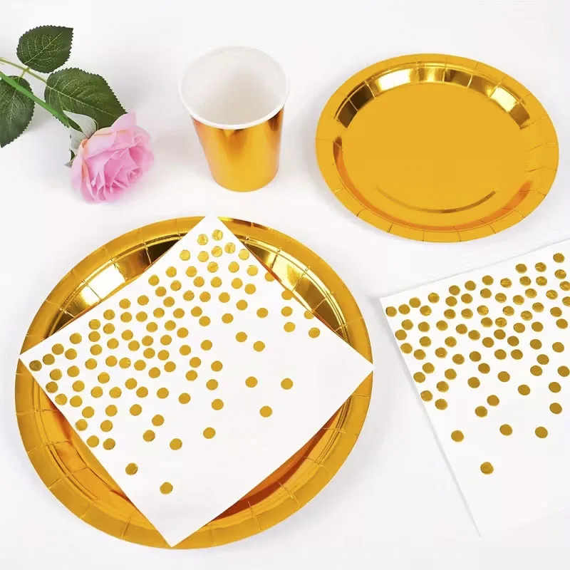 60-teiliges goldenes Einweg-Geschirrset, elegante Pappteller, Becher, Folien-Servietten für Hochzeiten, Geburtstagsfeiern, Dekorationen und Zubehör. – Detail 3