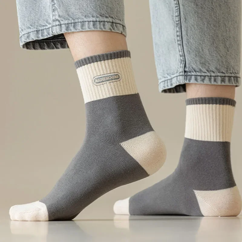 5 أزواج من الجوارب الرجالية المخططة المصنوعة من مزيج القطن الشتوي، جوارب قصيرة قابلة للتنفس للرجال