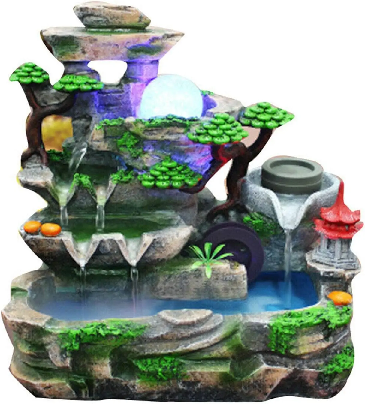 Indoor Tabletop Water Fountain with LED Light and Mist, Resin Rockery Waterfall Desktop Decor for Home Office Bedroom Relaxation Gift, US Stock