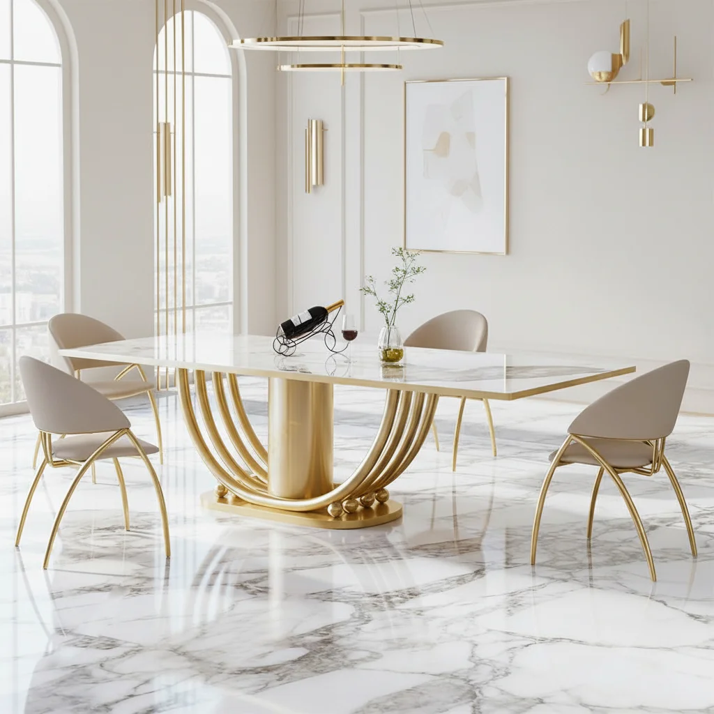 

&c Luxury Acrylic Decorative Dining Table Modern Large Stone Slab Top Dinning Table Gold Stainless Steel Feet