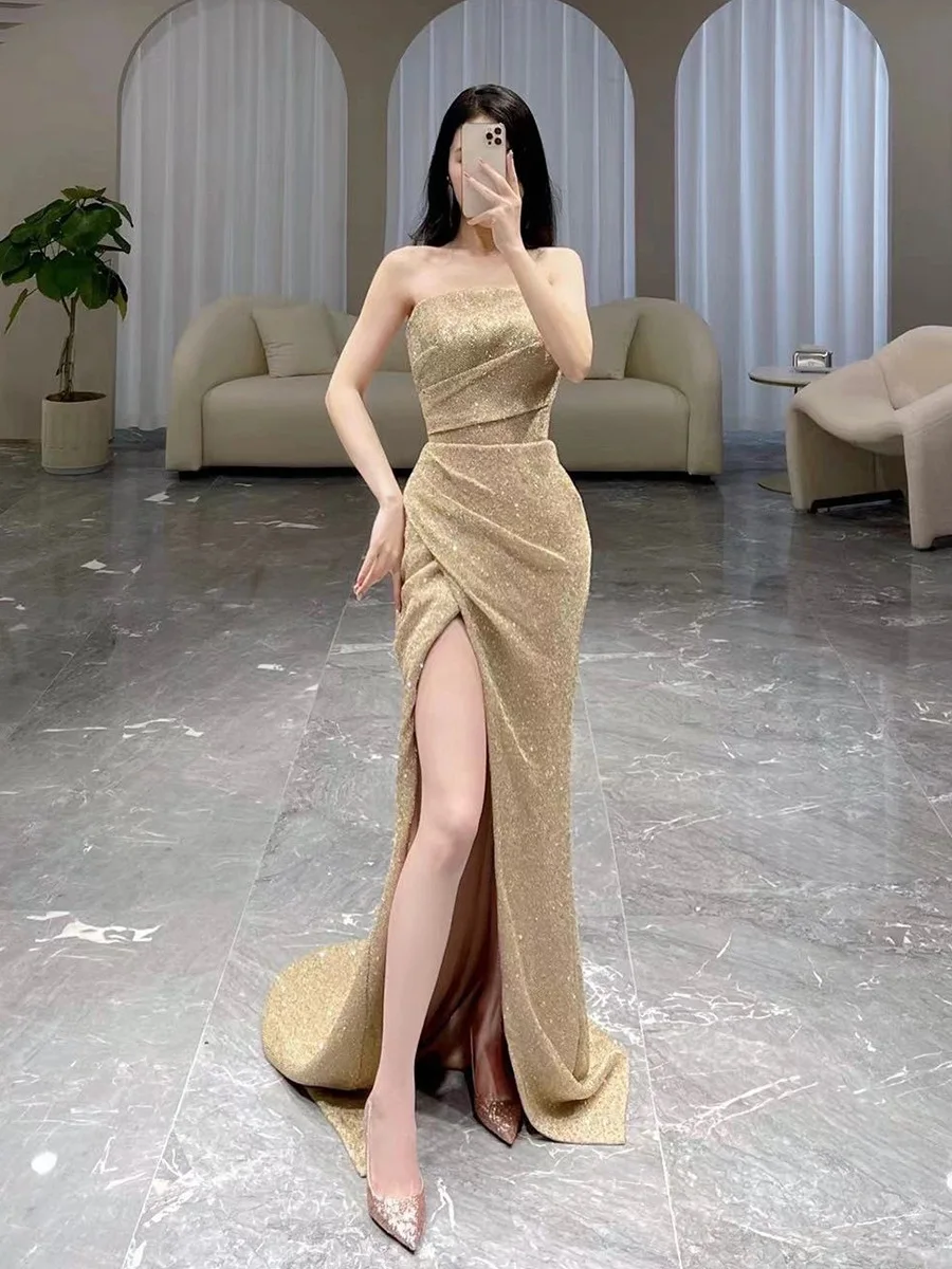 2022 Women Elegant Tube Top Evening Dress High Split Long Mermaid Tailing Party Dress Vestidos De Fiesta