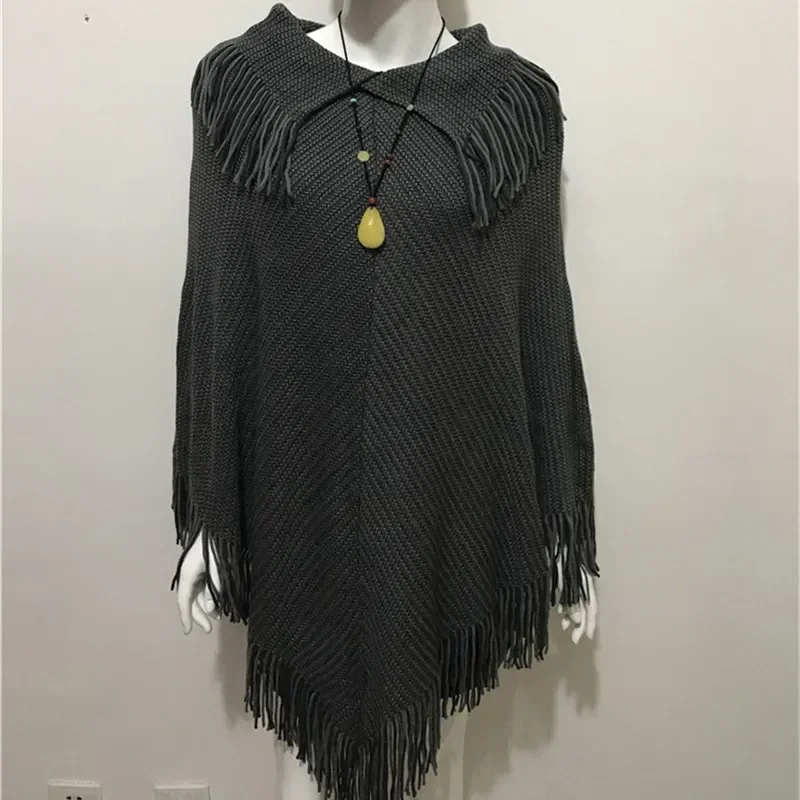 

2025 Spring Autumn Loose Thin Shawl Cloak Sweater Large Women Wear Medium And Long Tassel Sweater Coat Poncho Capes Gray