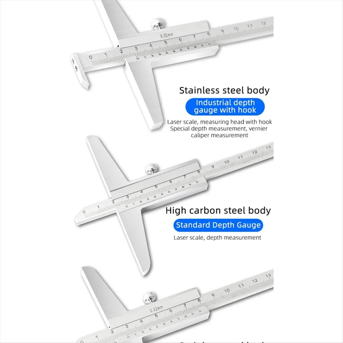 A89X Depth Gauge Vernier Caliper Metal Calipers Woodworking Tools Measuring Tool Steel Gauges Depth Measurement 200mm