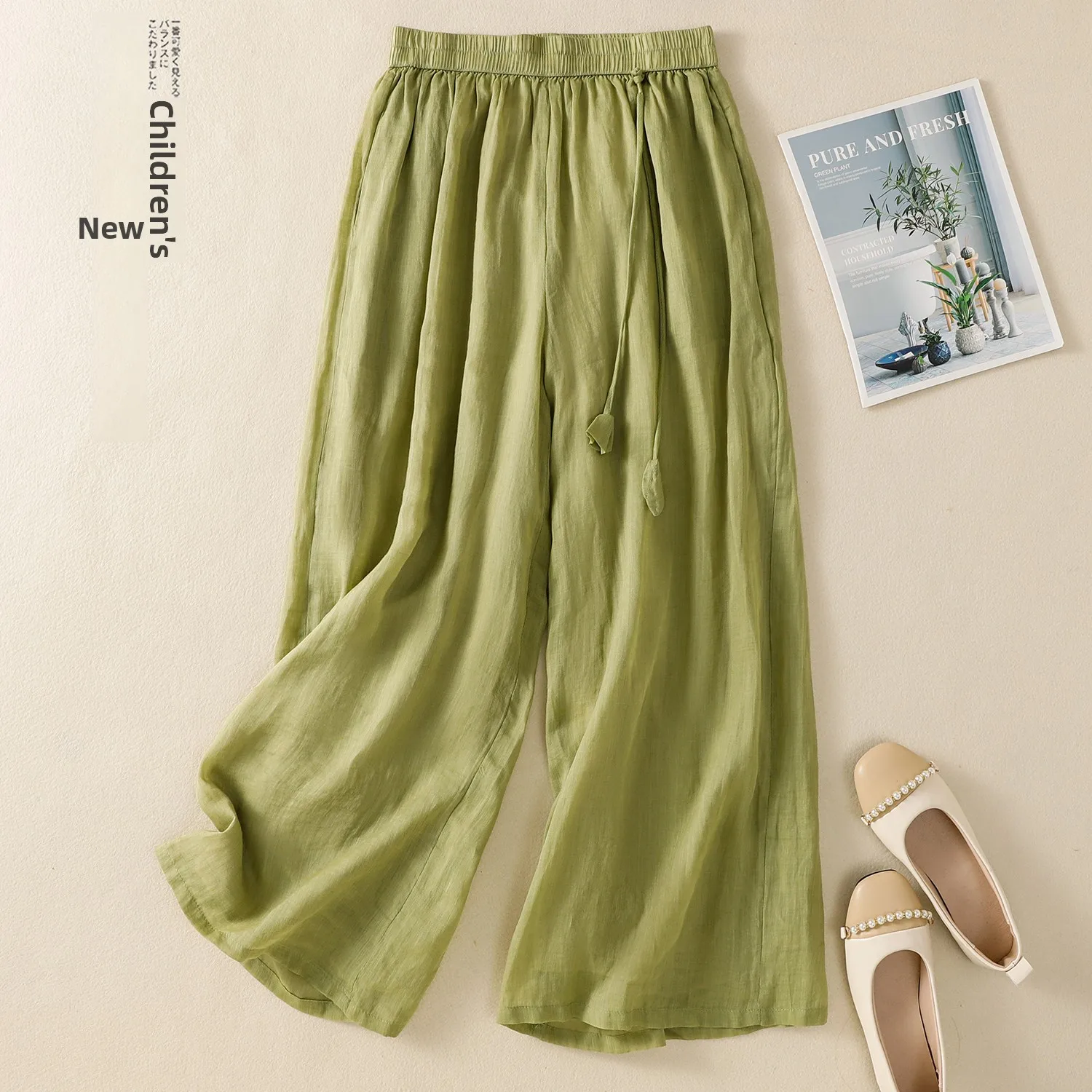 

Double Layer Handmade Pure Lua Long Pants High Waist Straight Leg Summer Thin Cotton Casual Trousers for plus Size Women