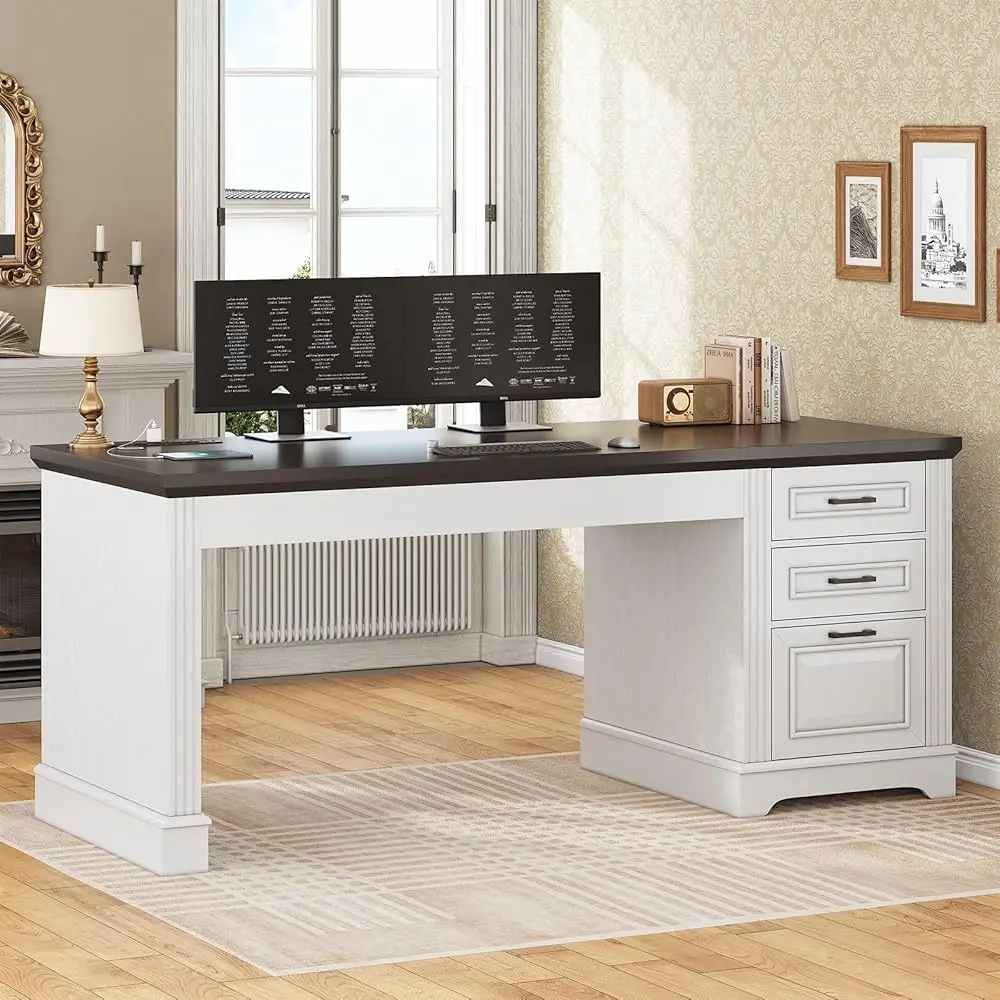 

Office Desk With 3 Drawers, 55"" Executive Computer Desk With Storage Drawers, Farmhouse Desk With Power Outlet For Home