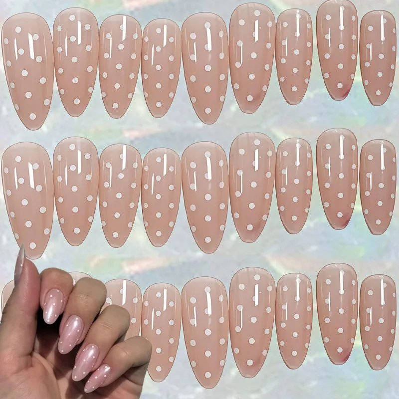 

24pcs/box Pink White Polka Dot Nails Art French Style Press on Nails with Jelly Glue Handmade Artificial Manicure Fake Nail