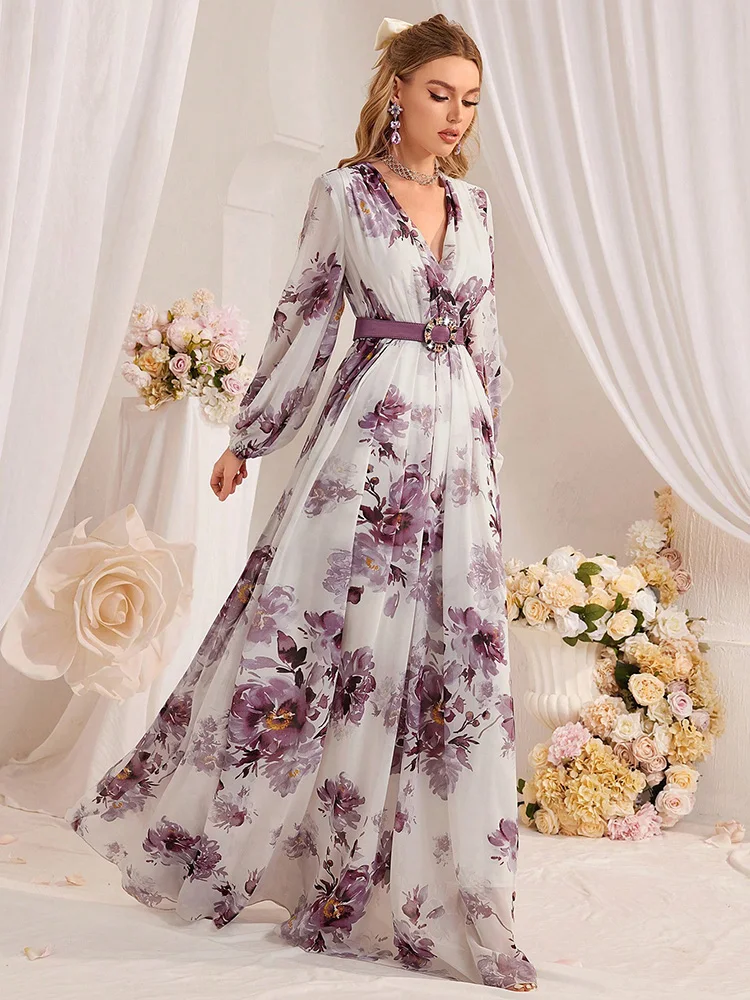 TOLEEN 2024 Summer Women's Floral Printed Holiday Casual Elegant Dresses Fashion Mesh Lantern Sleeve Belted Arabic Long Dress