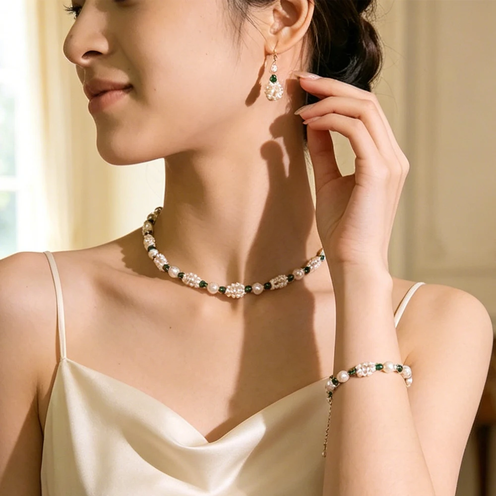 

Freshwater Pearl Green Stone Jewelry Set Women's Elegant Choker Necklace Bracelet Drop Earrings Vintage for Bridal Anniversary