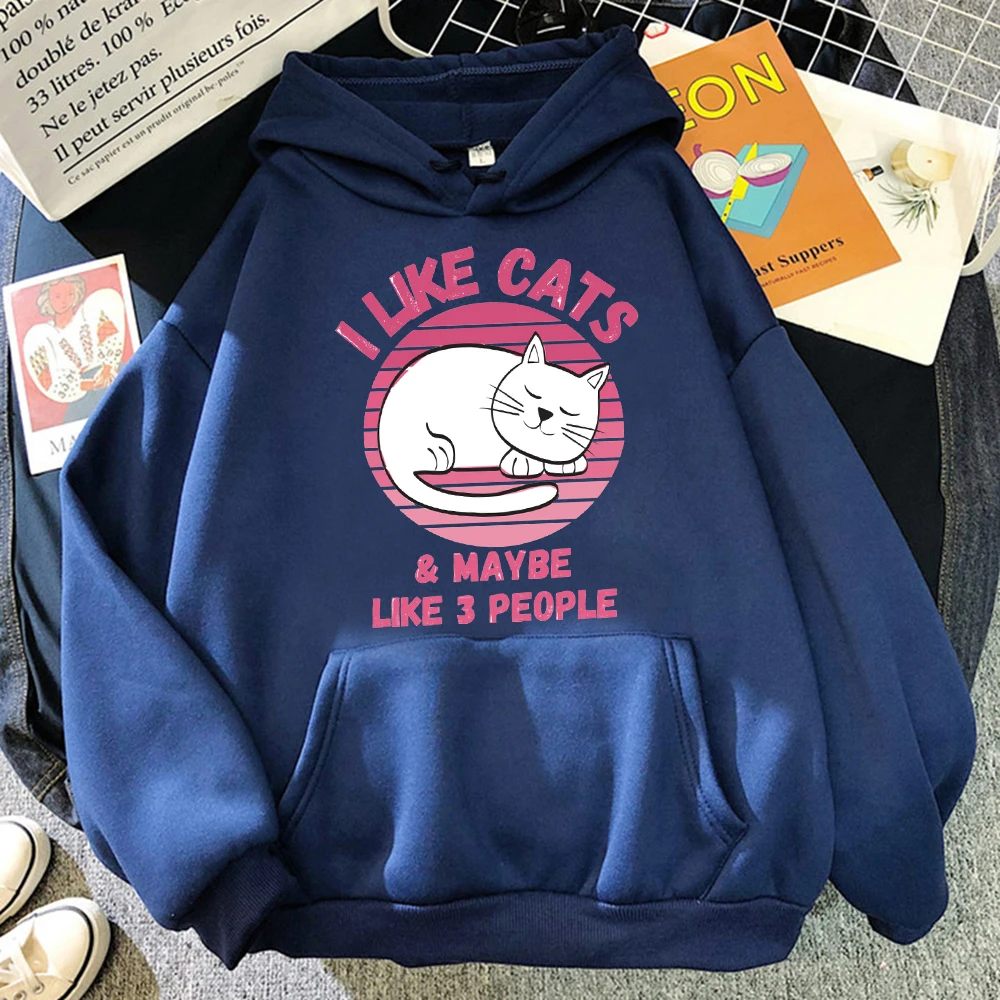 أنا أحب القطط ربما مثل 3 أشخاص طباعة هوديس النساء الهيب هوب الخريف هوديي جيب فضفاض الشارع الشهير الصوف Y2K البلوفرات #3