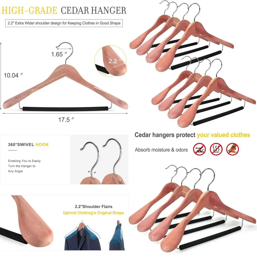 

Деревянные вешалки с широкими плечиками, 8 штук, премиум-класса, для костюмов и пальто, с черной мягкой планкой для брюк и поворотом на 360° ° Поворотный хромированный крючок, Natu