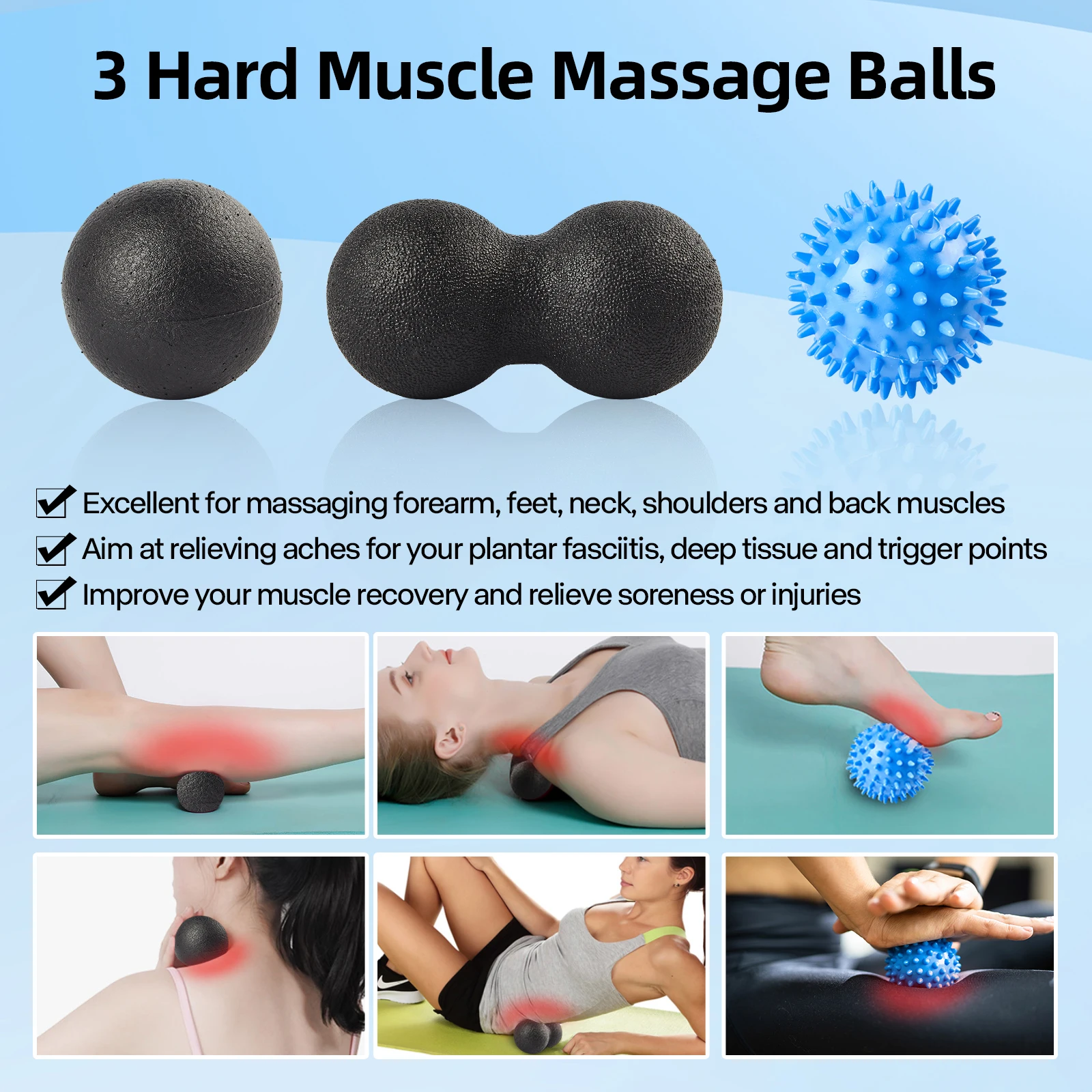 7 in 1 Foam Roller Set High Density Yoga Back Roller Peanut Massage Ball Spiky Massage Ball Resistance Band for Pain Relief