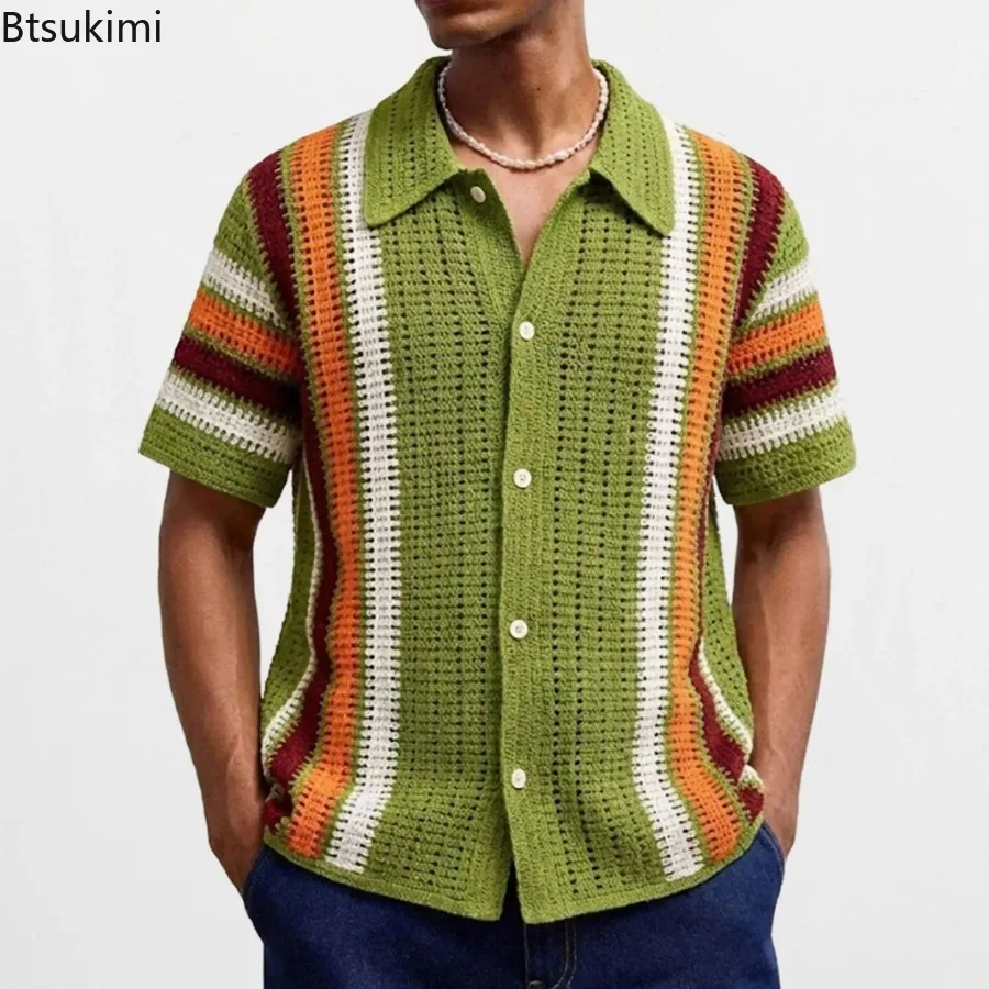 2026 Men's Short Sleeve Knitted Polo Shirt Fashion Color Blocking Casual Crochet Tops Summer Breathable Cardigans Man Streetwear