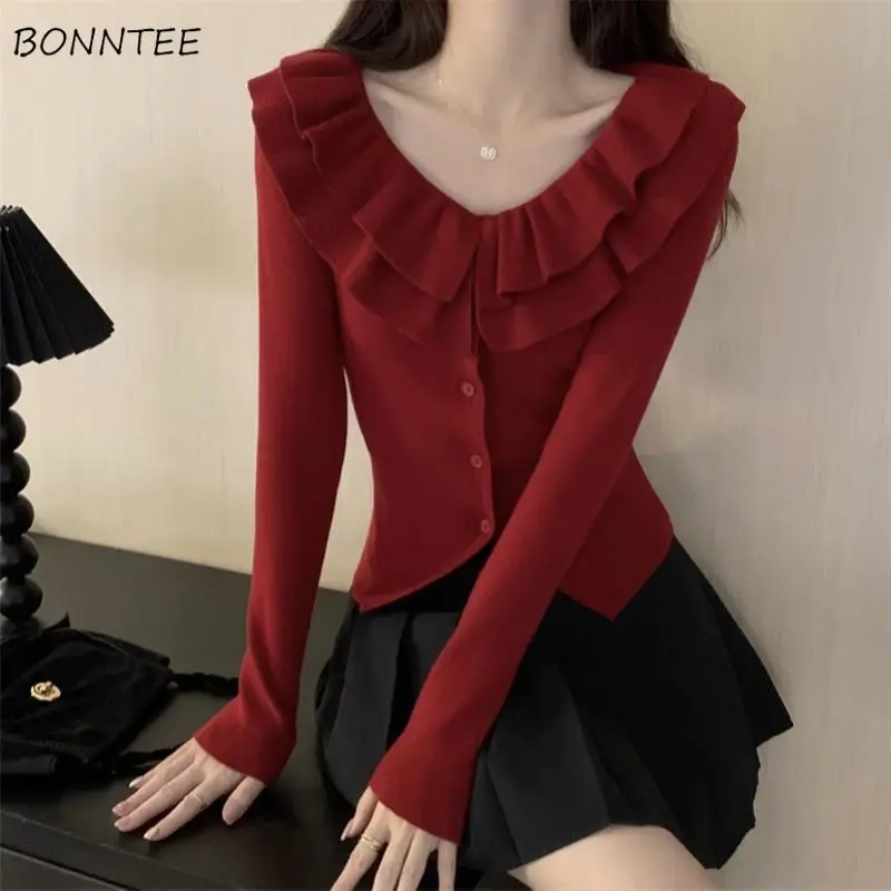 

French Style Christmas Cardigan Women Spring Autumn Ruffles V-neck Irregular Knitwear Slim Long Sleeve Sweet Temperament Design