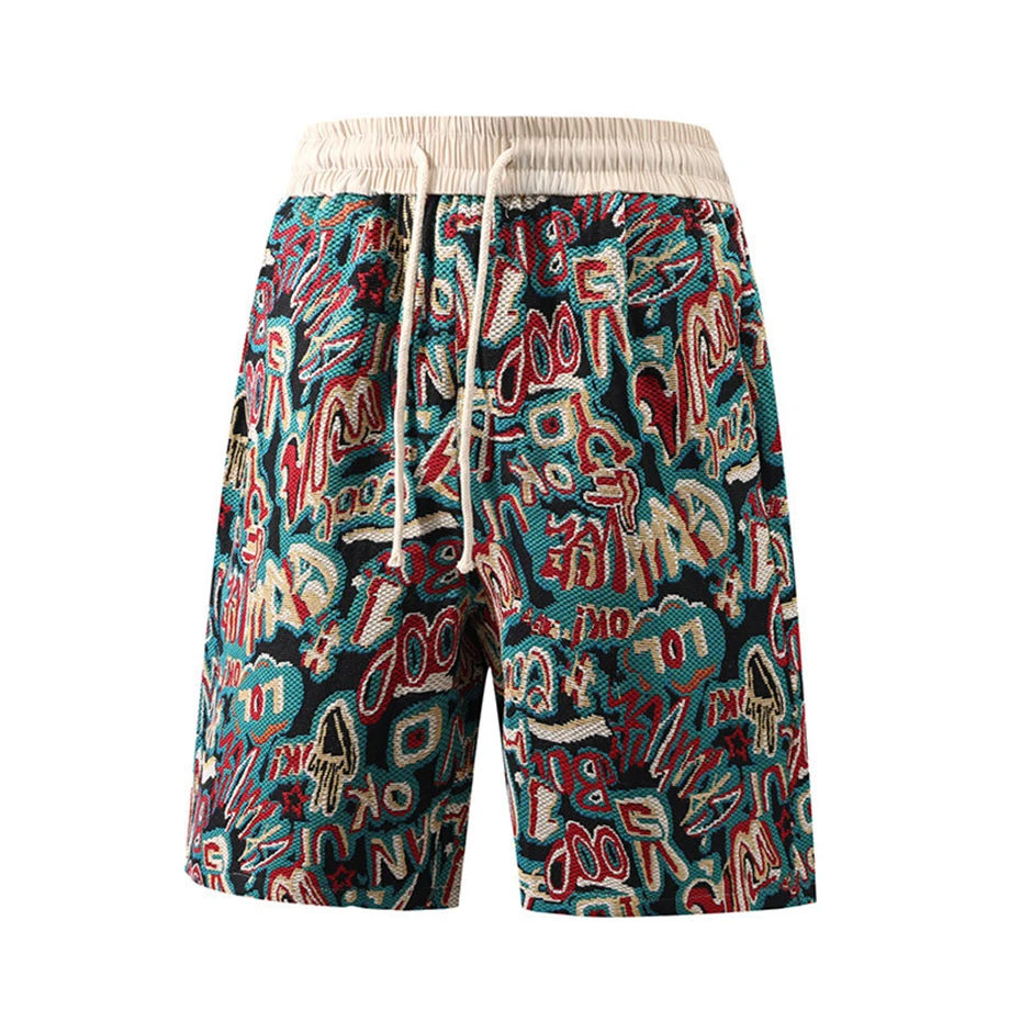 Summer Mens Hawaiian Beach Shorts Streetwear Vintage National Style Short Harajuku Baggy Casual Elastic Waist Knee Length Pants