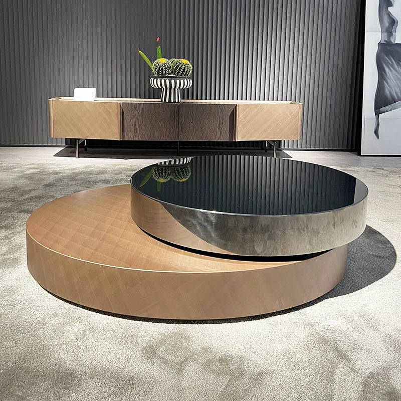 Rotating coffee table combination, modern and simple stainless steel living room, retractable small unit size, circular tea tabl