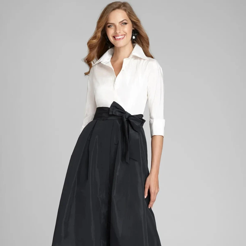 فساتين سهرة باللونين الأبيض والأسود على شكل حرف A مثيرة برقبة على شكل حرف V وأكمام على شكل أم العروس للحفلات الراقصة مع فيونكة