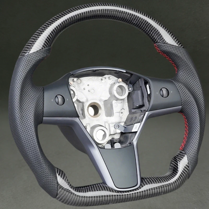 

Car Parts for Tesla Model 3 Model Y 2019 2021 Steering Wheel with Red Stitching Carbon Fiber for Model 3 Model Y Flat Bottom