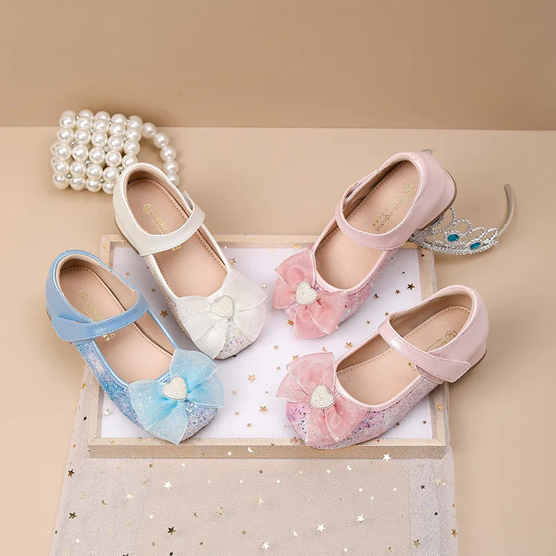 Girls Heart Accent Dress Shoes Children's Beige Blue Princess Pumps Kid's Lace Bow Height Increasing School Recital Shoes