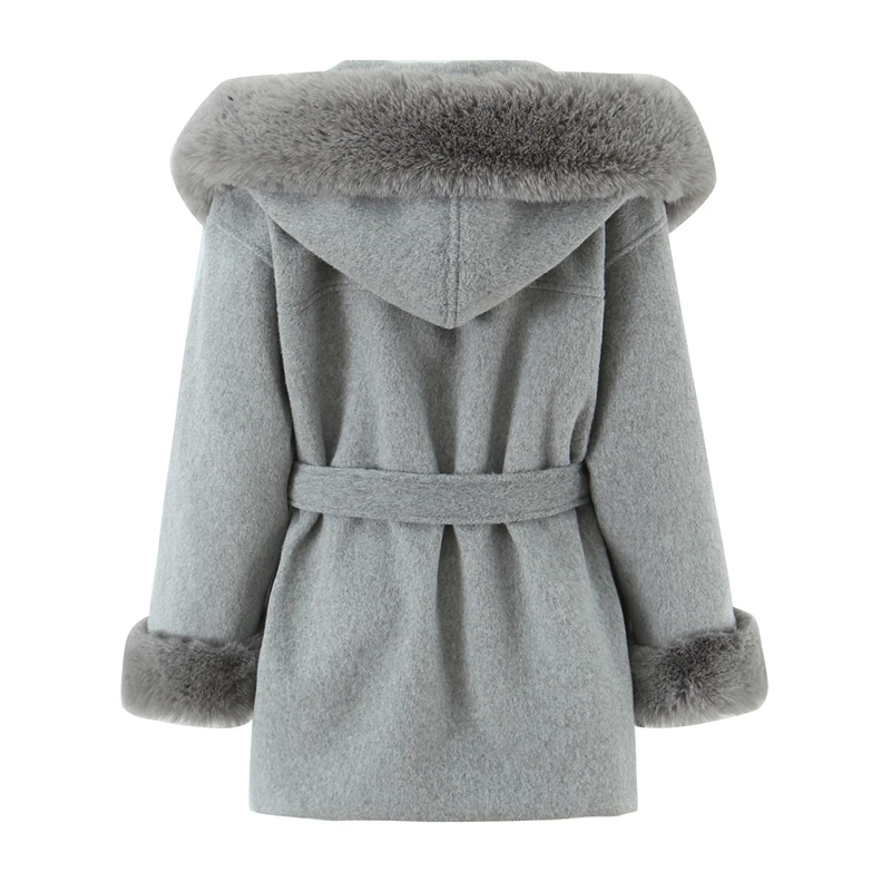 KEYANKETIAN 2025 Winter New Women's Artificial Fur Collar Decorated Hooded Woolen Overcoat With Belt Loose Gray Luxury Open Coat