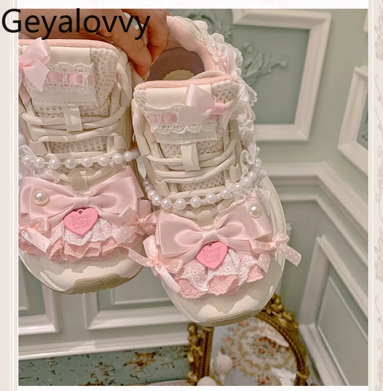 Lace Bow Pearl Ribbon Cute Sweet Thick-Soled Dad Shoes for Women Spring Autumn Height-Increasing Casual Sneakers Femme