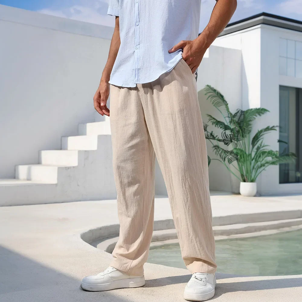 Baumwoll-Leinen-Hose für Herren, gerades Bein, leichte, atmungsaktive Strand-Stil-Hose, einfarbig, lässig, gemütlich, männliche Jogginghose – Detail 5