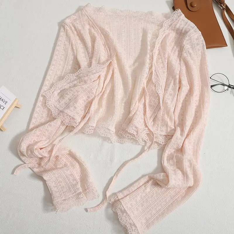 

Sweet Lace Bandage Cardigan Women Korean Chic V Neck Versatile Thin Short Tops Simple Solid Slim Fit Shawl Coats New