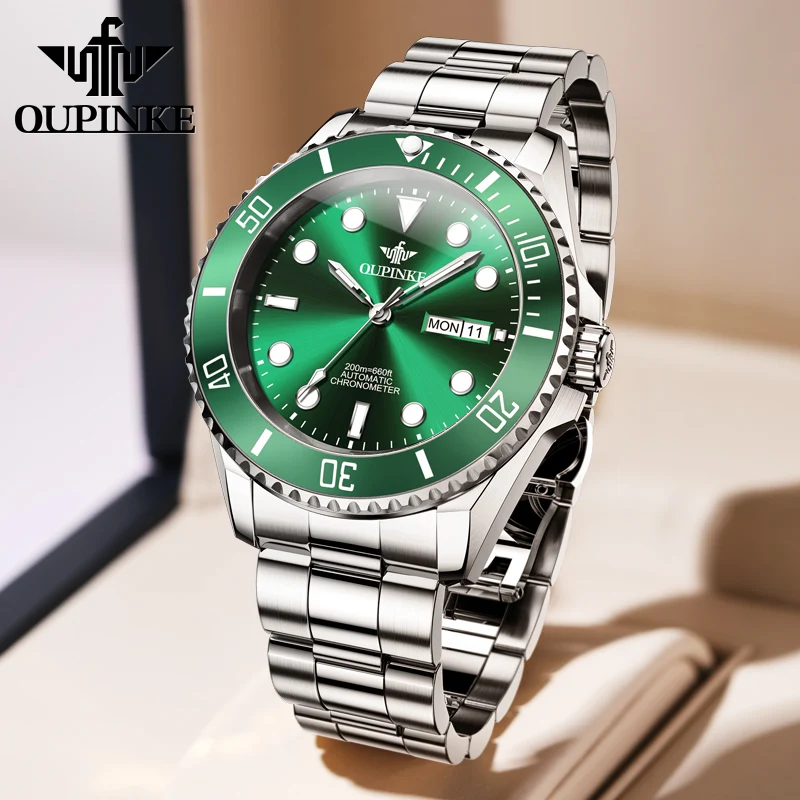 OUPINKE 3205 Diving Series Men Fully Automatic Movement Watch Classic Green Water Ghost Double Calendar Top Men Mechanical Watch