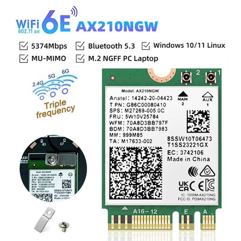 

Беспроводная сетевая карта Wi-Fi 6E AX210 Bluetooth 5,3 M.2 5374 Мбит/с 2,4 ГГц 5 ГГц 6 ГГц 802.11Ax Wi-Fi адаптер для ноутбука ПК