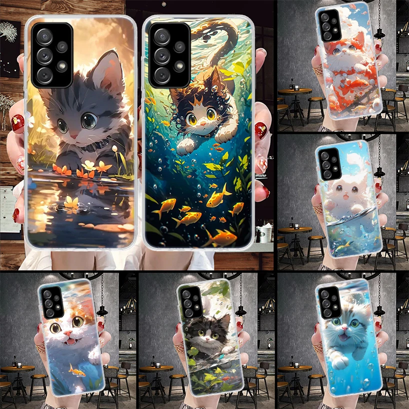 Cartoon Cute Cat Fish Aesthetic Soft Phone Case For Samsung Galaxy A13 A14 A15 A16 A17 A53 A54 A55 A56 A57 A33 A34 A35 A36 A37 A