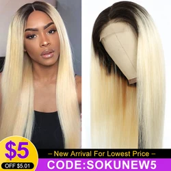 SOKU-Perruque Lace Front Wig brésilienne Remy naturelle, cheveux lisses, blond ombré T1B/613, 13x4, pre-plucked, densité 150%, pour femmes