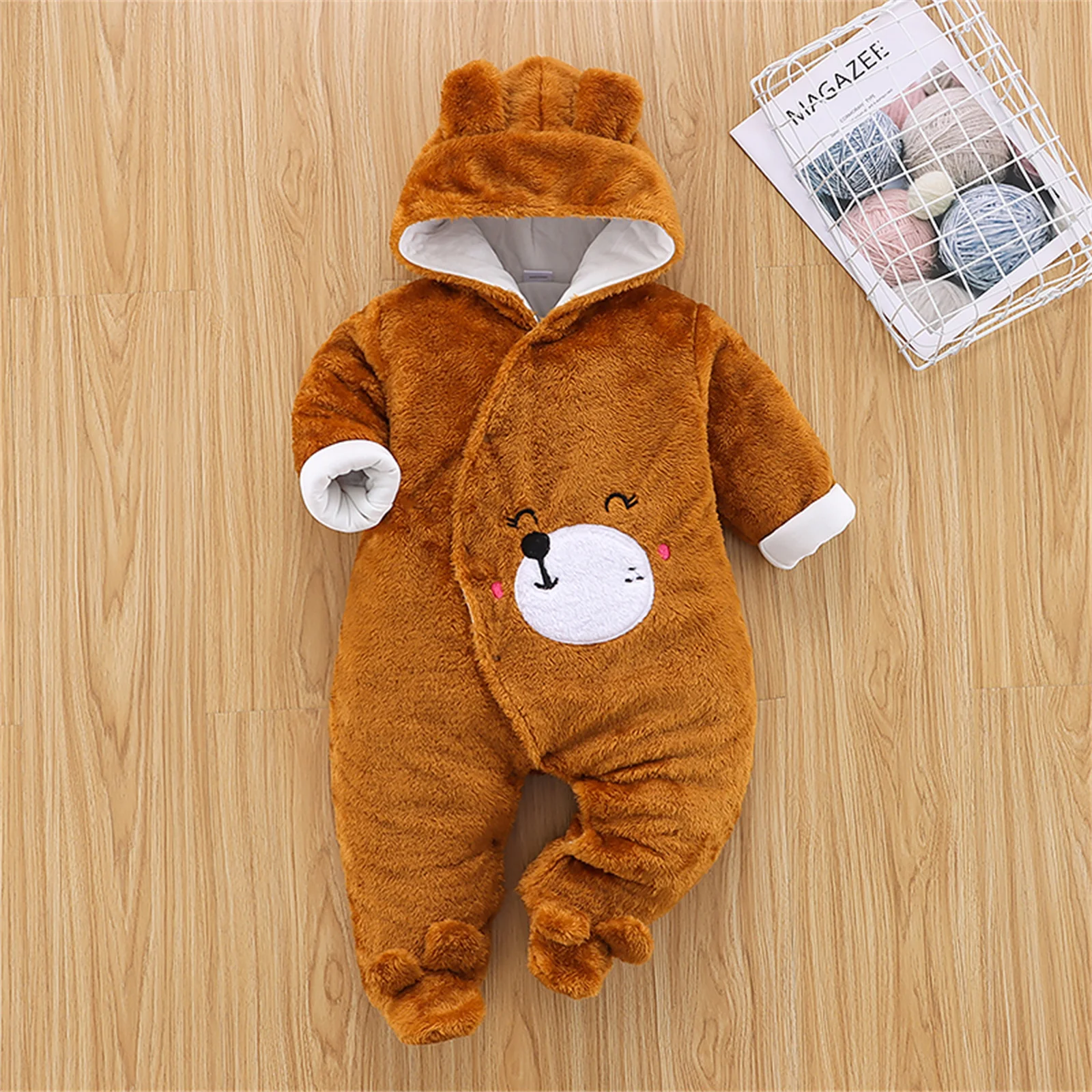 PatPat Winter Baby Bear Warm Fleece Hooded Footed/footie Long-sleeve Baby Jumpsuit Baby Rompers Baby Clothing