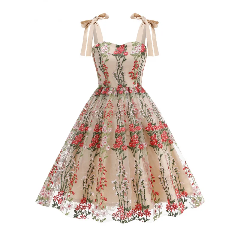 Gaun Jaring Bordir Vintage Wanita Tali Spaghetti Pinggang Tinggi Model Fit and Flare Gaun Pesta Koktail Pendek Gaun Mewah Elegan