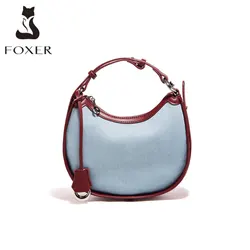 FOXER Nowa dżinsowa damska torba na ramię Wysokiej jakości torba Hobos Crossbody Fashion PU Leather Vintage Lady Simple Blue Zipper Handbag