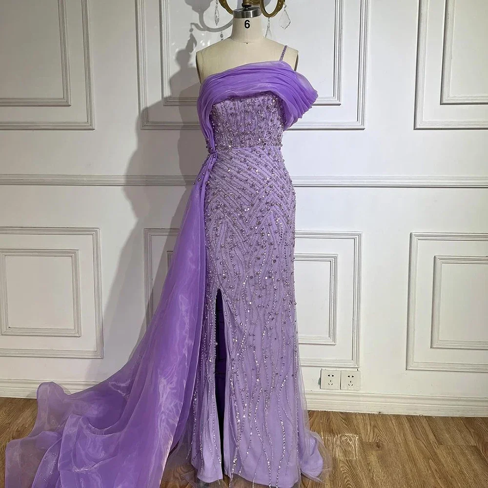 Serene Hill Customized Lilac One Shoulder Split Open Beaded Mermaid Evening Dresses Wedding Party Gowns for Women DLA72244A