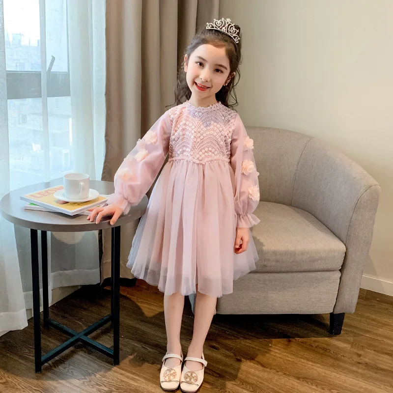 Girls Autumn Dress2025New Autumn Children's Lace Princess Dress Stylish Girl Tulle Skirt Mesh Skirt