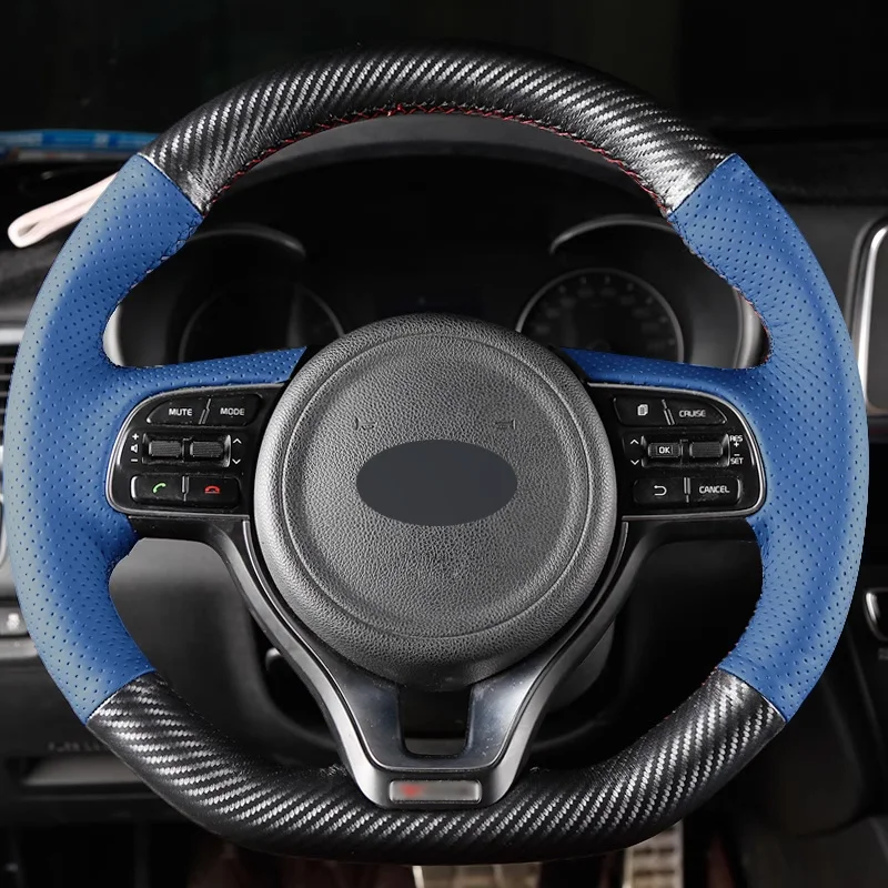 

DIY Matt Carbon Fiber with Blue Perforated Leather Full Wrap Hand Stitching Car Steering Wheel Cover for Kia K2 K3 K4 K5 KX5