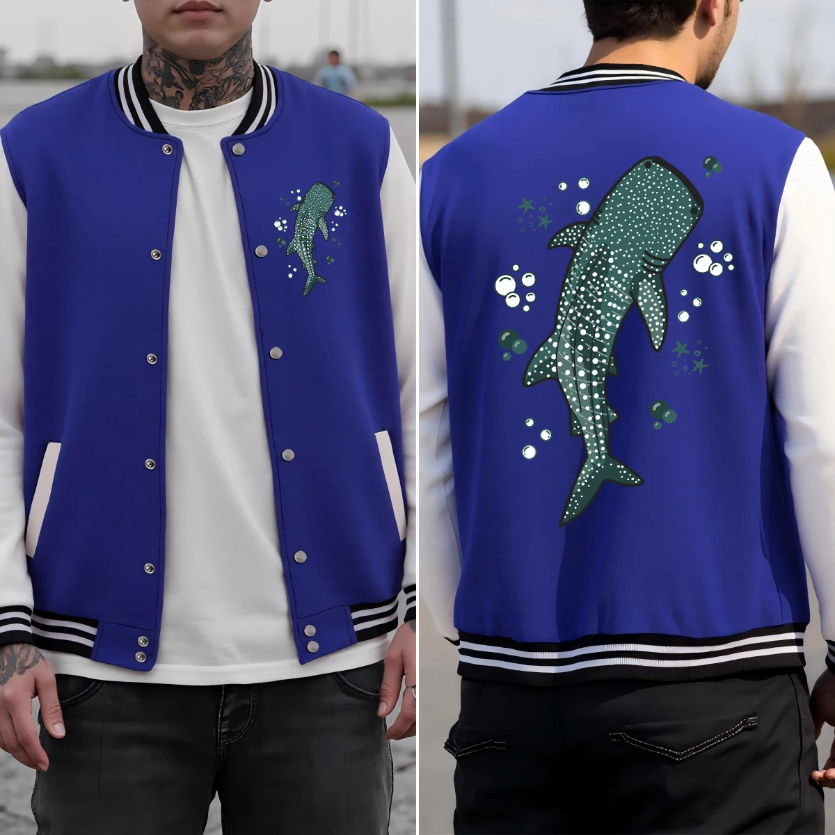 

The Whale Spitting Bubbles Print Men Jacket Colorful Cotton Baseball Uniform Hip Hop Autumn Streetwear Loose All-Match Clothes