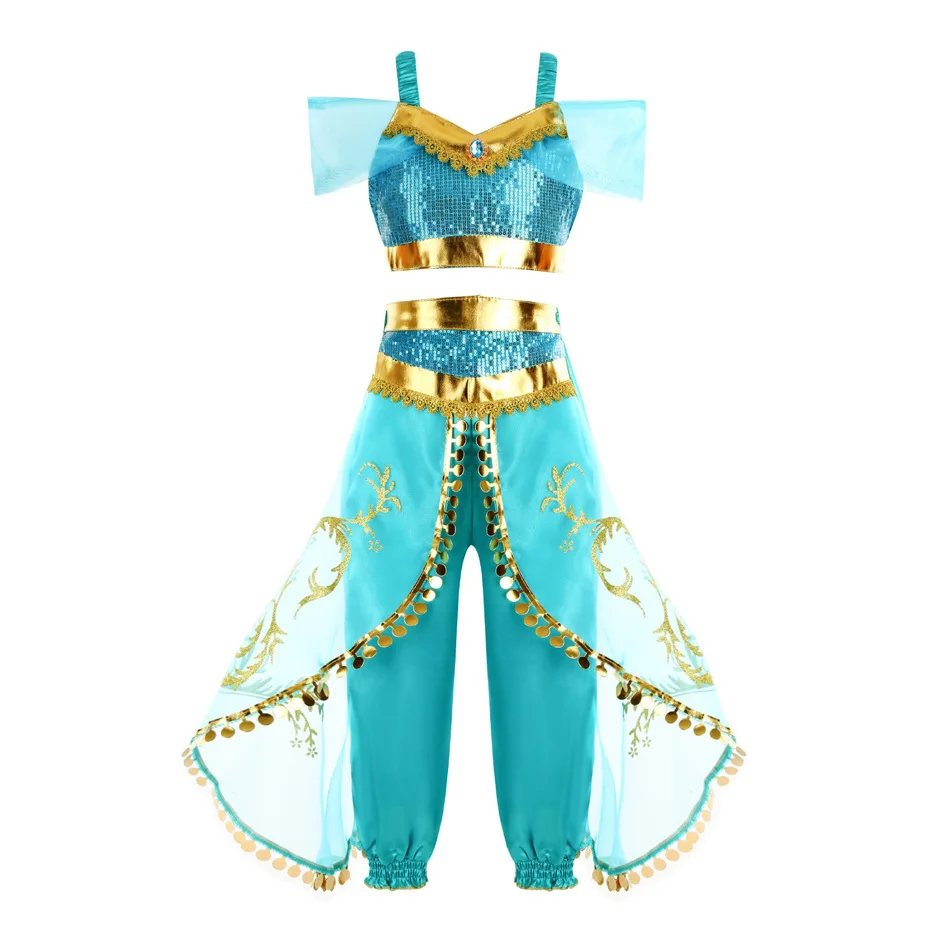 Jasmine Costume for Girls Princess Dress Up Of Aladdin The Magic Lamp Costume Girls Birthday Party Halloween Fantasy Top Pants