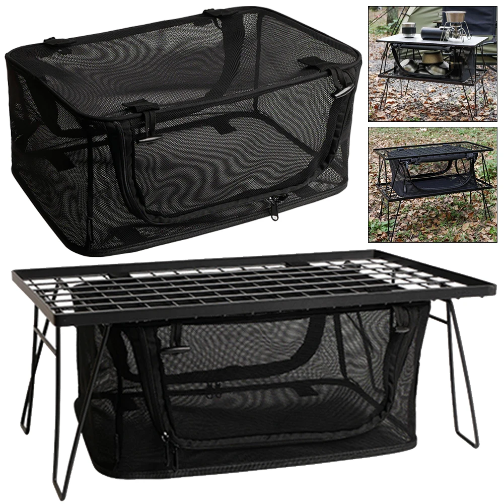 Folding Table Storage Box Multi-Purpose Foldable Mesh Basket Organizer Portable Under Desk Folding Net Box for Outdoor Camping
