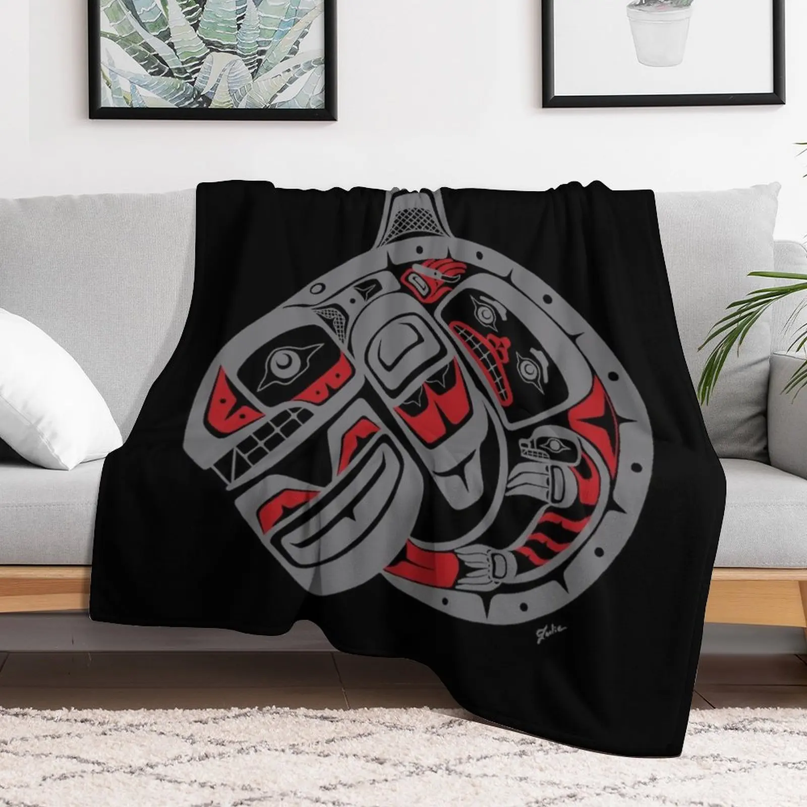 BLACKFISH - PNW native, Tlingit style orca killer whale GRAY Throw Blanket Stuffeds decorative anime Blankets