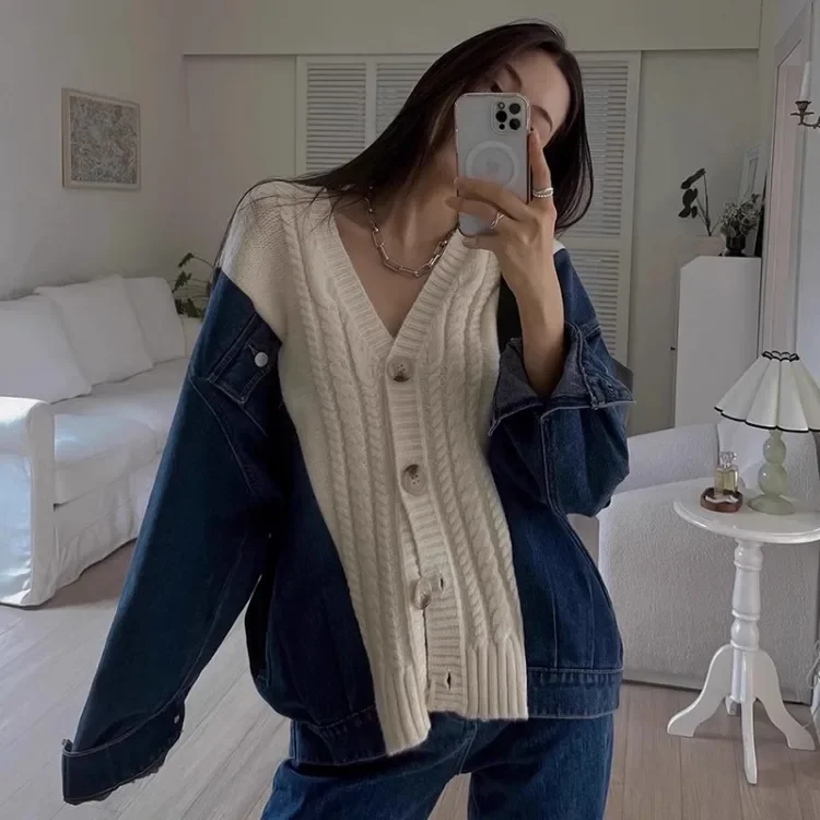 Vintage V-neck Patchwork Denim Cardigan 2024 Autumn Winter New Sweaters Coat Women Y2k Long Sleeve Loose Cardigan Tops Mujer