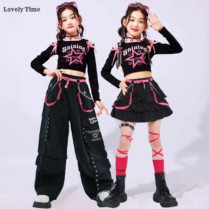 Hip Hop Girls K-pop Off Shoulder Crop Top Cargo Pants Kids Streetwear Skirts Jazz Costumes Child Sweet Street Dance Clothes Sets