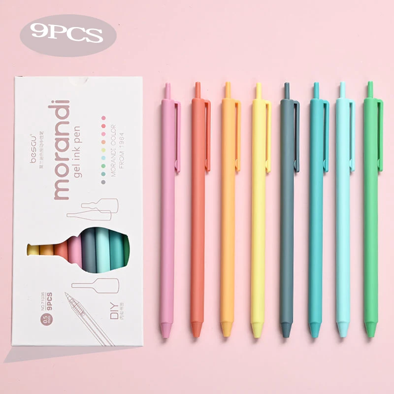 9pcs Korean Kawaii Candy Color Hand Account Pen Student Simple Neutral Pen Set To Take Notes Color Pen Morandi Press