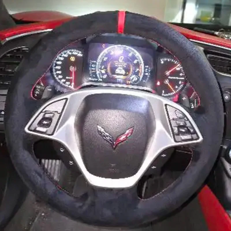 Hand-Stitch Non-slip Black suede Leather Car Steering Wheel Cover for corvette c7 2014 2015 2016