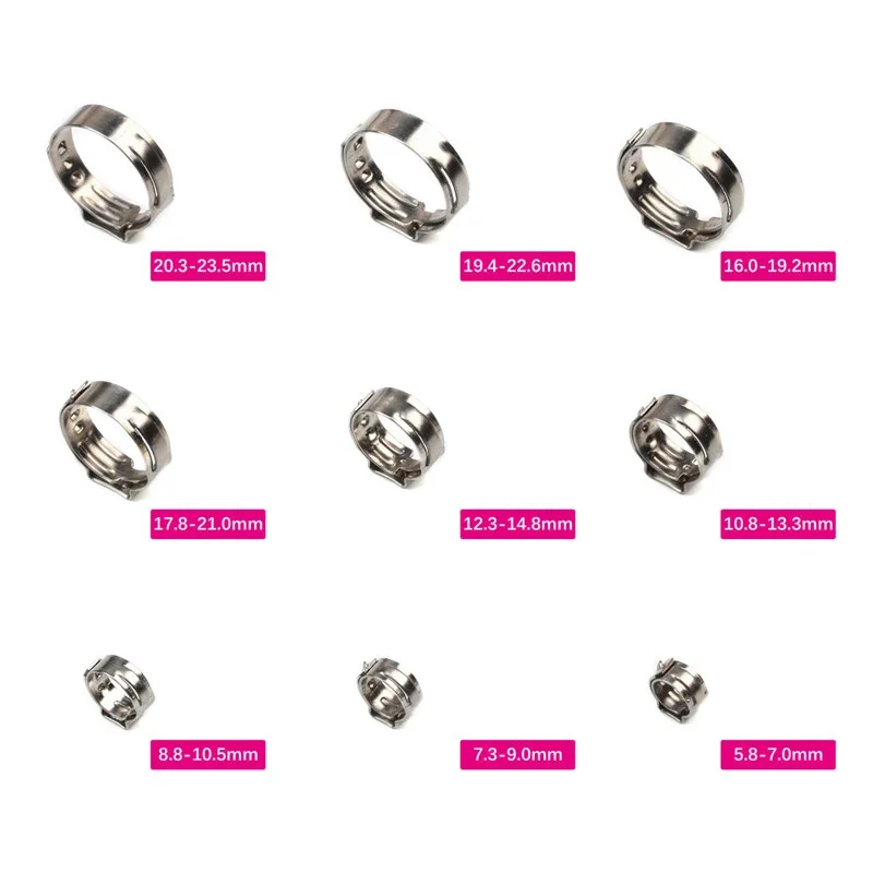 10pcs Single Ear Hose Clamps Assortment Kit Single 5.3-31.6mm Multiple Sizes Stainless Steel 304 Cinch Clamp Rings for Sealing