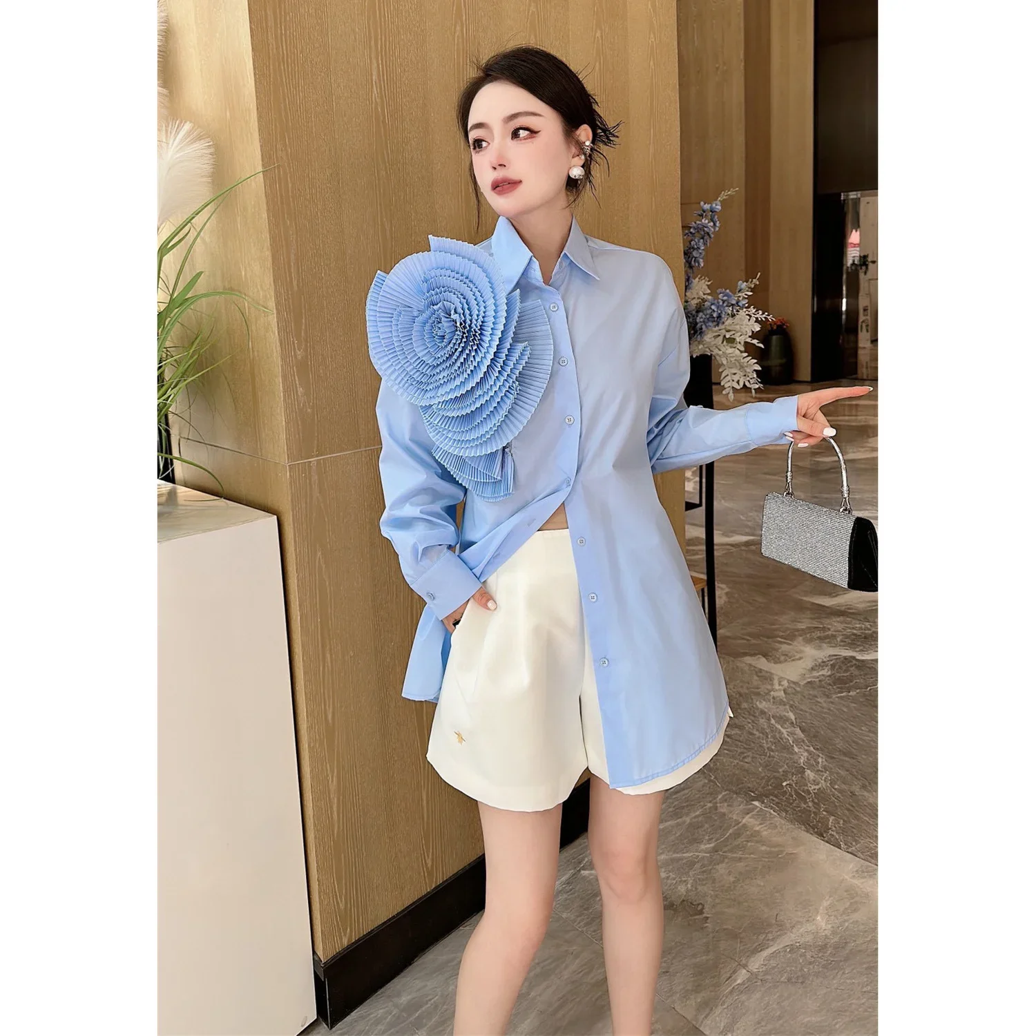 Gagarich Pleated Three-dimensional Large Flower Long Sleeved Shirt Women 2024 Light Luxury Fashion Unique Stunning Street Blouse