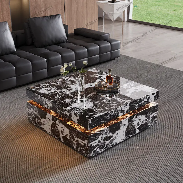 Intelligent square rock slab coffee table with lamp Modern simple light luxury black coffee table sensor light