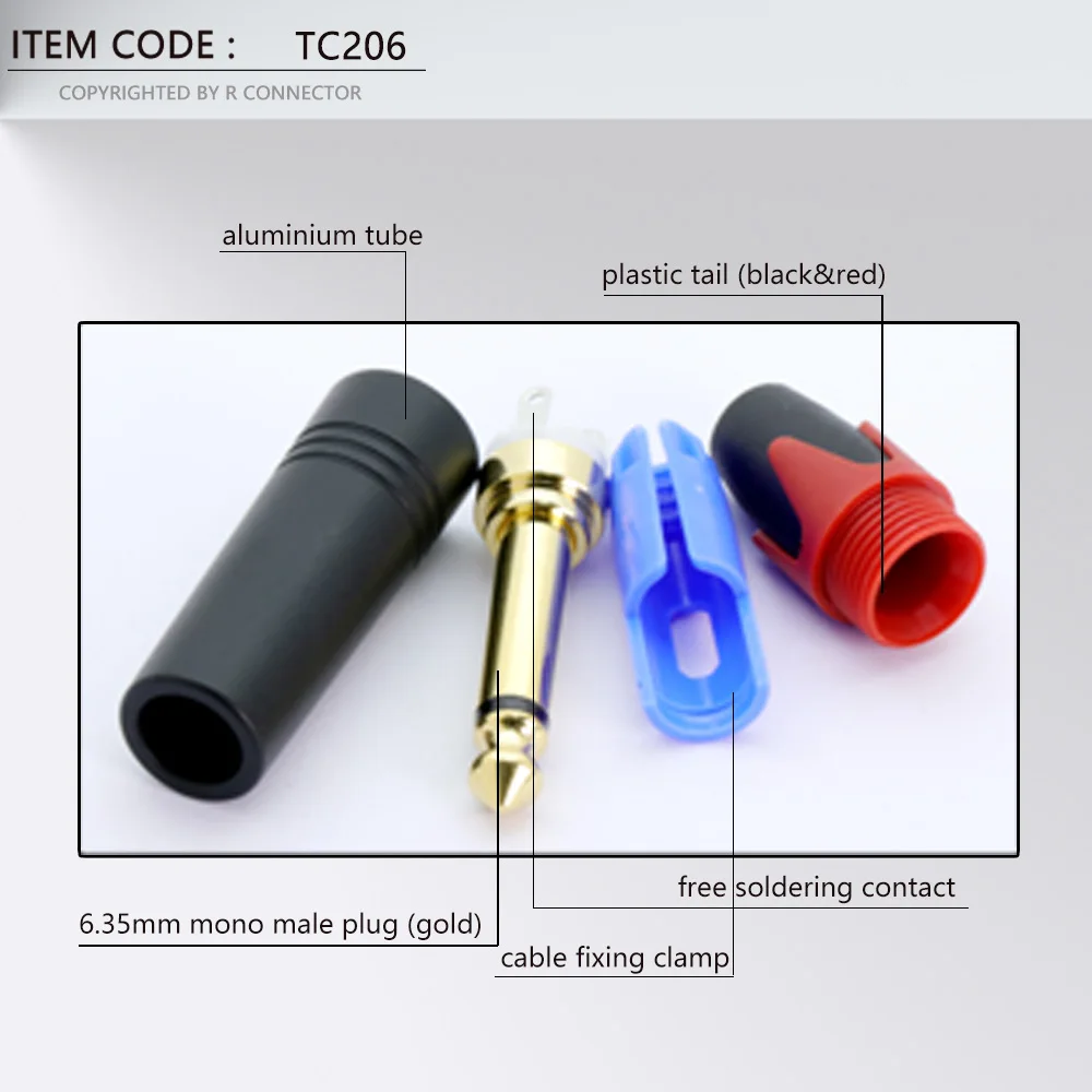2PCS Mono 6.35MM Jack 6.3MM Male Plug Connector Aluminum Tube Brass Gold Plated 1/4 Inch Microphone Plug Audio Cable Connector