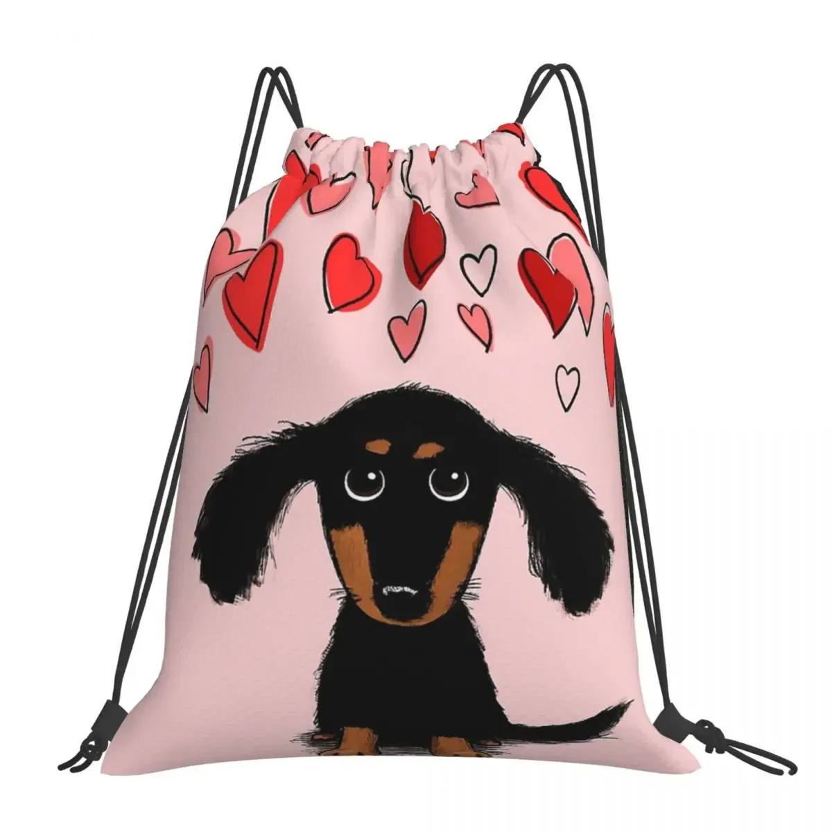 Cute Dachshund Puppy Dog With Valentine Hearts Backpacks Portable Drawstring Bags Drawstring Bundle Pocket Sundries Bag BookBag