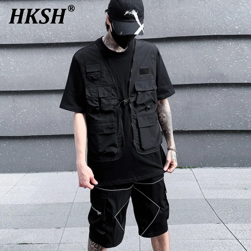 HKSH Summer New Men's Tide Dark Multi Pockets O-Neck Loose Short Sleeve T-shirt Fake Two-piece Fashion Chic Techwear Tees HK0150